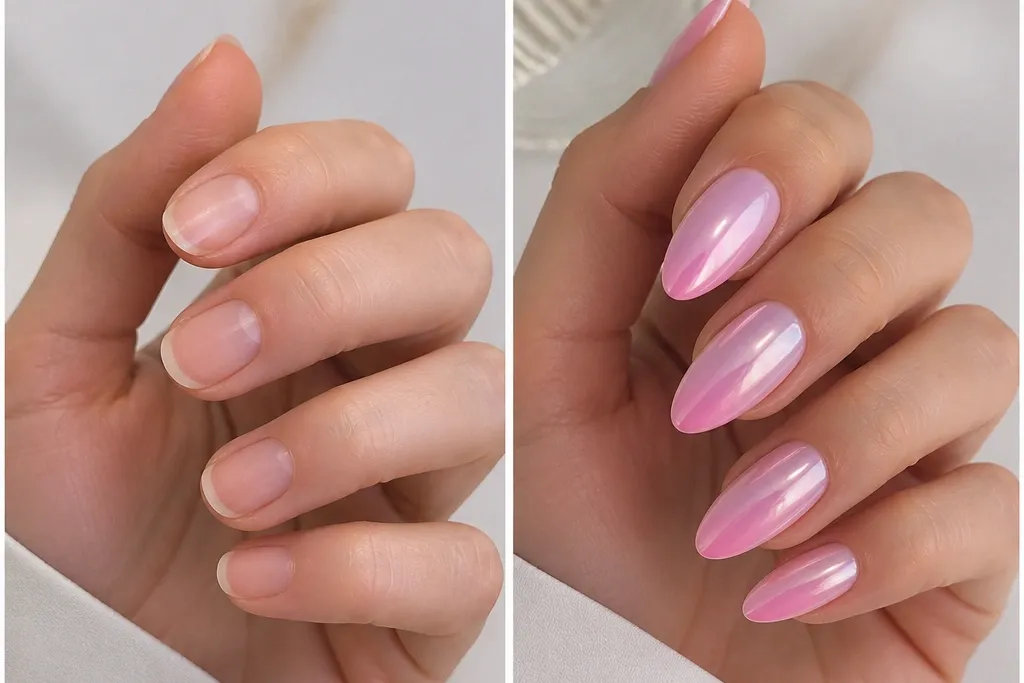 Before and After Pink Ombre Chrome Nails